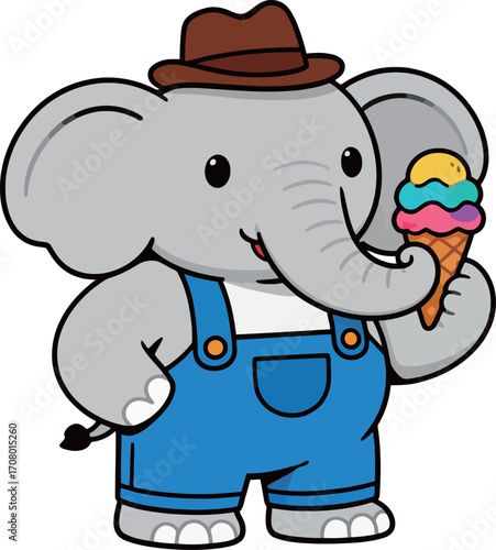 Cute cartoon elephant in a brown hat and blue overalls, happily holding a colorful ice cream cone, a sweet and charming summer character.