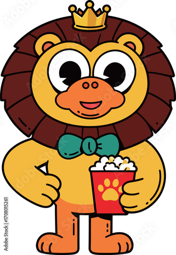 Royal cartoon lion wearing a golden crown and a bow tie, holding a bucket of popcorn, a regal and fun character.