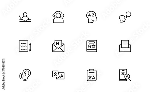 Linguistics and phonetics line icon set with editable, pixel-perfect illustrations. Includes professional, modern, and minimal vector icons ideal for language-related visuals.