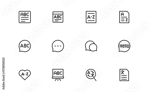 Linguistics and phonetics line icon set with editable, pixel-perfect illustrations. Includes professional, modern, and minimal vector icons ideal for language-related visuals.
