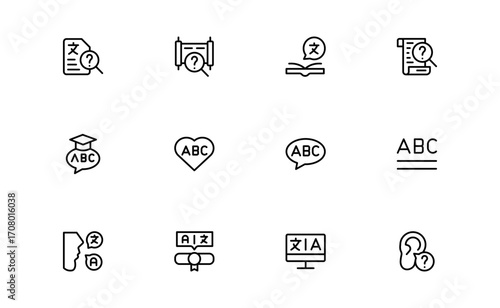 Linguistics and phonetics line icon set with editable, pixel-perfect illustrations. Includes professional, modern, and minimal vector icons ideal for language-related visuals.