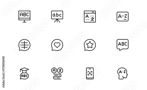 Linguistics and phonetics line icon set with editable, pixel-perfect illustrations. Includes professional, modern, and minimal vector icons ideal for language-related visuals.
