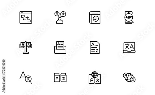 Linguistics and phonetics line icon set with editable, pixel-perfect illustrations. Includes professional, modern, and minimal vector icons ideal for language-related visuals.