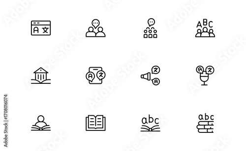 Linguistics and phonetics line icon set with editable, pixel-perfect illustrations. Includes professional, modern, and minimal vector icons ideal for language-related visuals.