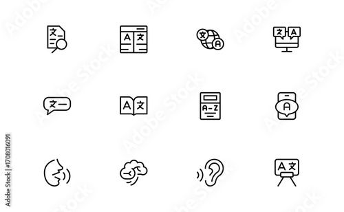 Linguistics and phonetics line icon set with editable, pixel-perfect illustrations. Includes professional, modern, and minimal vector icons ideal for language-related visuals.