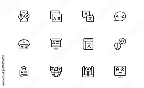 Linguistics and phonetics line icon set with editable, pixel-perfect illustrations. Includes professional, modern, and minimal vector icons ideal for language-related visuals.