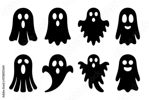 silhouette of eight Halloween ghosts with varying expressions