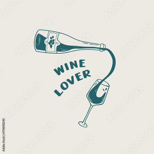 Hand drawn outline illustration of bottle and glass of wine with quote. Linear sketch poster with alcohol beverage. Vintage doodle design for coffee house wall art, print,menu, t-shirt, card
