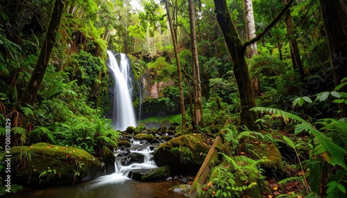 Scenic Rainforest Waterfall with Warm Light Filtering Through Trees and Moss Covered Rocks and Lush Greenery Creating a Peaceful Ambiance