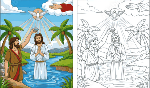 Baptism of Jesus Coloring Colored Illustration
