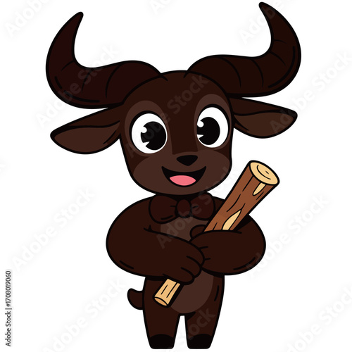 A charming and strong cartoon illustration of a black bull mascot, with horns and a bow tie, holding a sturdy wooden log in a confident stance.