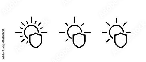 Sun protection icon set in outline style. UV shield and sunscreen safety symbol