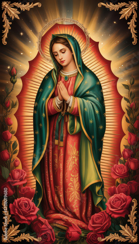 Majestic Virgin of Guadalupe Surrounded by Roses and Light