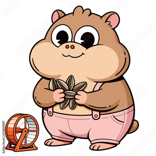 An adorable and chubby cartoon illustration of a happy hamster mascot, wearing pink overalls and holding a large sunflower head with seeds.