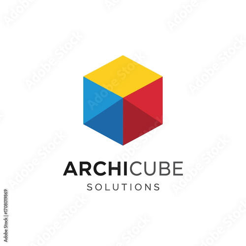 A modern logo design featuring abstract building structures with a roof-like element, accompanied by company name and slogan text.