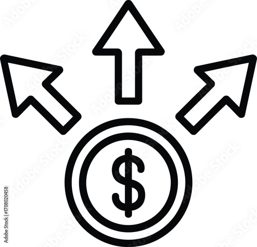 Financial Growth and Investment Strategies Showing a Coin with Arrows Suggesting Increases in Profitability and Diverse Investment Options on White Background