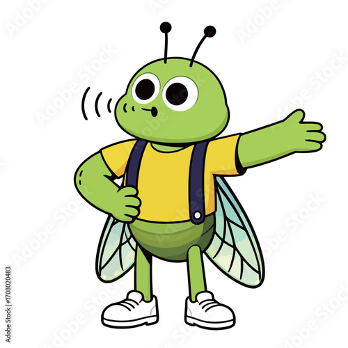 A cute and whimsical cartoon illustration of a noisy cicada mascot, wearing a yellow shirt and blue suspenders, with visible buzzing lines as it makes a sound.