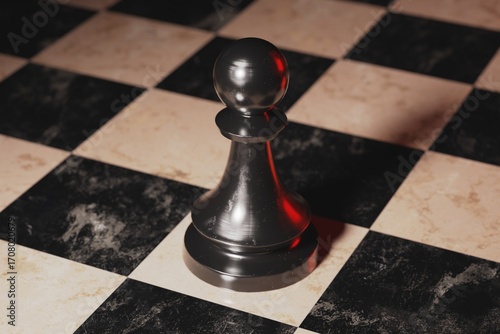 Black Chess Pawn on Chess Board with Dramatic Lighting 3d Render illustration.