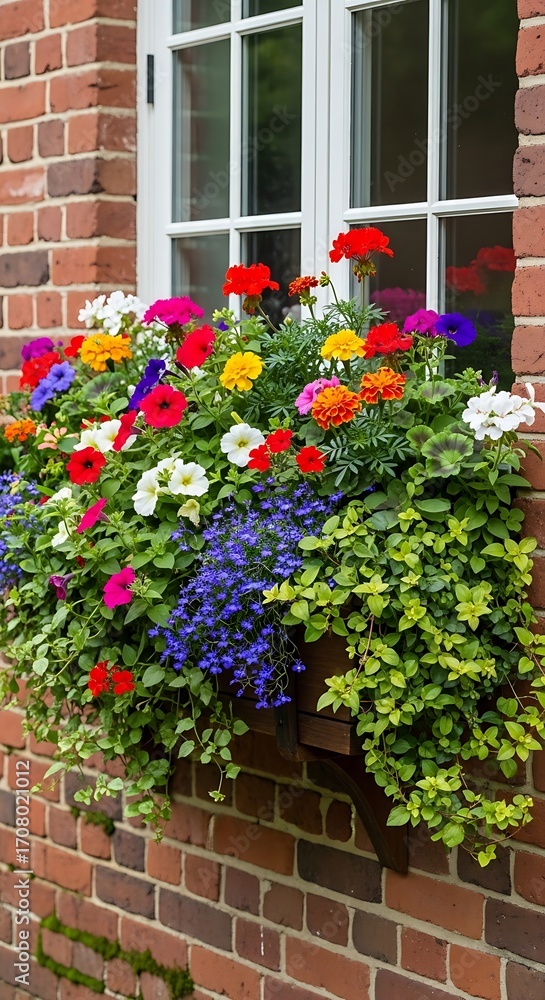 Fototapeta premium A vibrant window box overflowing with colorful flowers, creating a cheerful display against a brick wall.