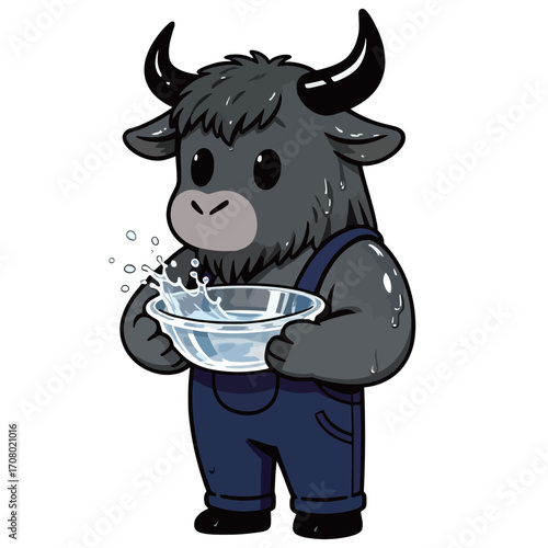 A strong and playful cartoon illustration of a powerful yak mascot, with dark horns and blue overalls, splashing water in a glass bowl.