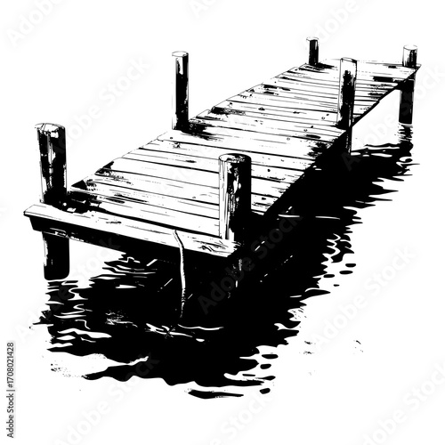 Illustration of wooden pier stretching out into the water isolated on white background