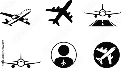 Aviation Icon Set Representing Different Airplanes and Airline Related Designs for Airport Services and International Transportation, Passenger Plane Symbolization