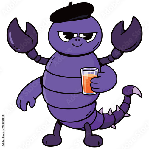 A creative cartoon illustration of a cute purple scorpion with a beret, holding a glass of juice, suitable for various design projects like stickers, posters, and t-shirts.