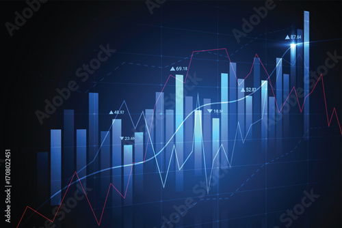 Business candle stick graph chart of stock market investment trading on blue background