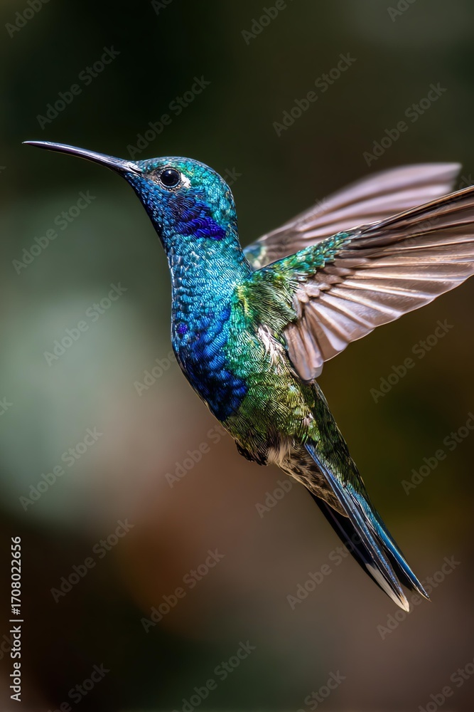 Fototapeta premium Vibrant hummingbird in mid-flight, showcasing its iridescent feathers against a blurred natural background.