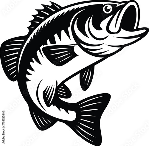 Dynamic Black and White Illustration of a Jumping Largemouth Bass A Symbol of Aquatic Wildlife and Recreational Fishing Passion
