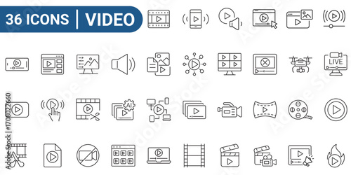 Video line editable icon set. Outline icons collection. Icons for mobile app, web. Editable stroke. Vector Illustration.