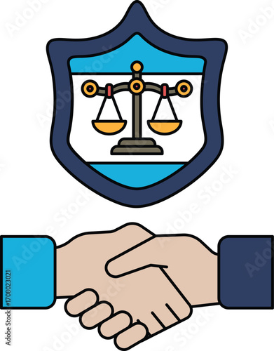 A black and white drawing of two hands shaking hands in front of a shield with s