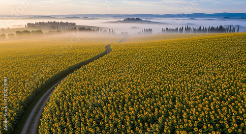 Serene Sunflower Field Road Through Misty Tuscan Landscape at Dawn