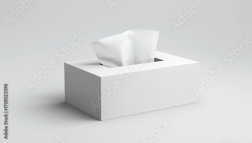 a white tissue box with one tissue sheet slightly pulled upward from the slot 