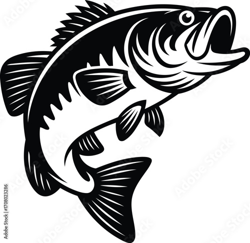 Striking Black and White Illustration of a Leaping Largemouth Bass with Open Mouth Depicting Wildlife and Recreational Fishing Activities and Aquatic Fauna