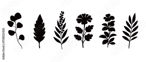 A creative set of minimalist black silhouettes of various plants and branches, perfect for use in botanical illustrations, logos, and graphic design projects.