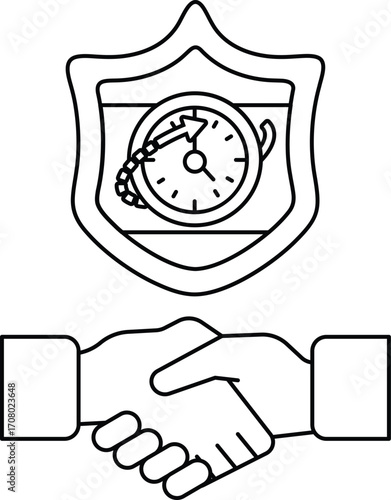 A black and white image of two hands shaking with a clock in the background