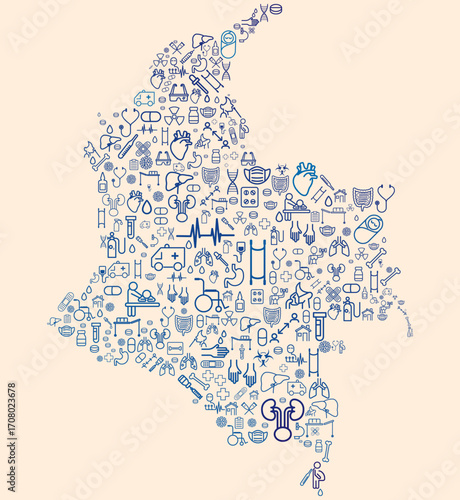 Map of Colombia formed by icons related to medicine and healthcare system. SUS. Public healthcare. America