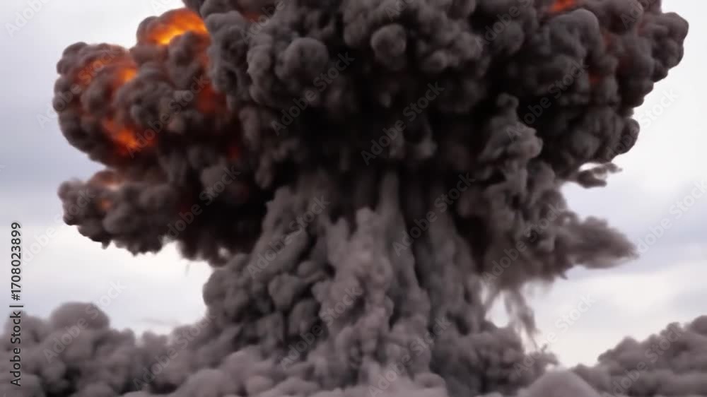 A large explosion with orange flames and gray smoke rising against a cloudy sky