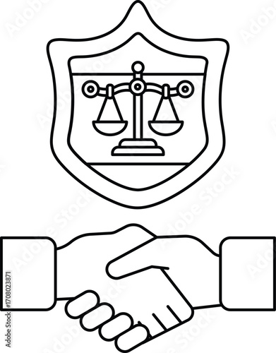 A black and white drawing of two hands shaking hands in front of a shield with s