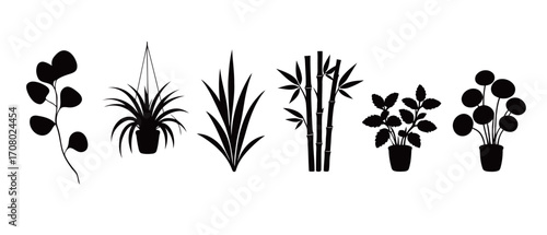 A modern vector collection of black silhouettes of potted and hanging houseplants, including bamboo and various leafy plants, perfect for home decor and botanical-themed designs.