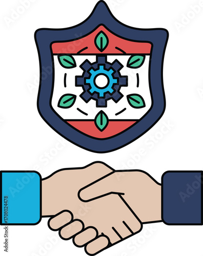 A black and white drawing of two hands shaking hands in front of a shield