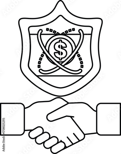 A black and white image of two hands shaking with a dollar sign on the shield