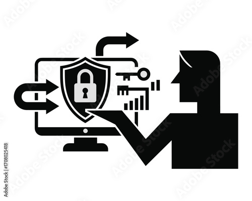 Digital security concept with a person interacting with a computer displaying a locked shield and keys