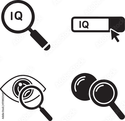 iq search in magnifying glass icons set