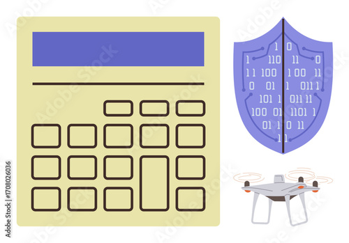 Calculator for calculations, blue shield with binary code signifying cybersecurity, and quadcopter symbolizing modern tech. Ideal for technology, cybersecurity, innovation, data protection, finance