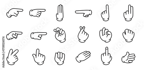 A large set of simple line icons of hands and hand gestures, including pointing, peace sign, and heart sign, for use in user interfaces, communication, and digital design projects.