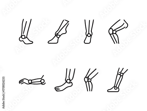 A set of black and white line icons of human legs and arms with visible joint details, perfect for medical, health, and anatomy-related presentations and educational materials.