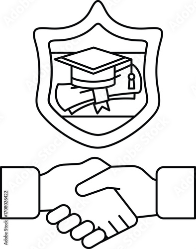 A handshake between two people with a graduation cap