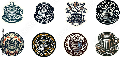 Coffee logo pack featuring cup, mug, and bean elements.